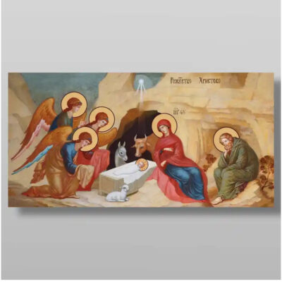 Εικόνα Ορθοδοξίας με περίγραμμα χρυσό σε ξύλο Φλαμουρίας με βάση Γέννηση του Ιησού Χριστού, Χειροποίητη Ελληνορθόδοξη , Κρεμαστή πλάκα βυζαντινής τέχνης, χριστιανική τέχνη Διάσταση 10x7 cm (3,9 x 2,8 ίντσες) INTRAEK-71267 - Image 1