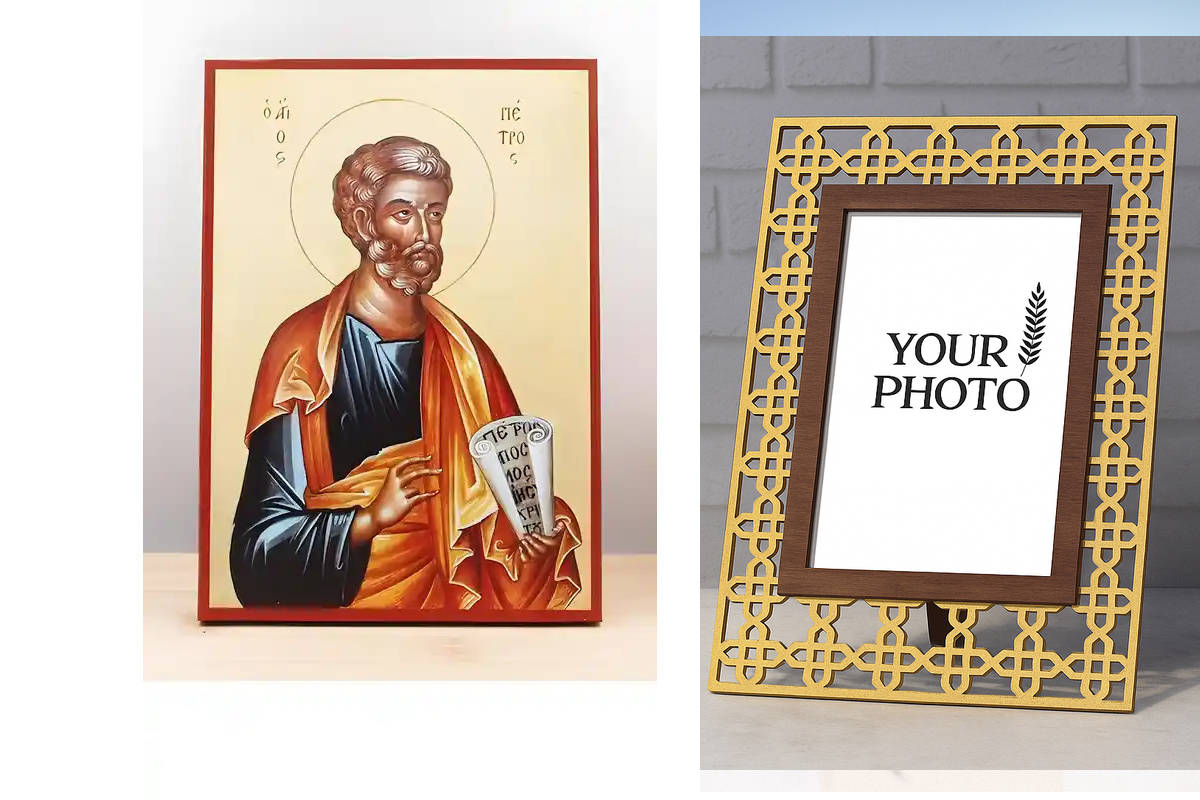 Εικόνα Ορθοδοξίας Πολυτελείας  με  σχεδιο Σταυρούς μαζι με  Βάση σε  8 χρώματα με περίγραμμα χρυσό σε ξύλο Plywood (Πλακάζ)   με  βάση Άγιος Απόστολος Πέτρος, Ξύλινη Χειροποίητη Εικόνα Ελληνικής Premium Βυζαντινού Στυλ Κρεμαστή σε ξύλινη πλάκα Θρησκευτικό θέμα Χειροποίητη Ελληνορθόδοξη εικόνα του Ιησού Χριστού, Κρεμαστή πλάκα βυζαντινής τέχνης, χριστιανική τέχνη Δίασταση 50x40 cm (19,7 x 15,8)  INTRAEK3kadro3211-11342110898