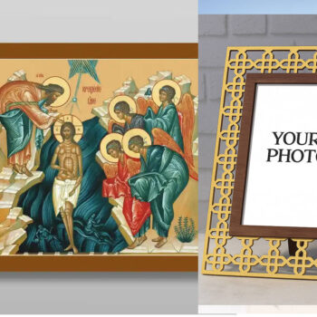 Εικόνα Ορθοδοξίας Πολυτελείας  με  σχεδιο Σταυρούς μαζι με  Βάση σε  8 χρώματα με περίγραμμα χρυσό σε ξύλο Plywood (Πλακάζ)   με  βάση Η Βάπτιση του Ιησού Χριστού στον Ιορδάνη ποταμό, Χειροποίητη Ελληνορθόδοξη , Κρεμαστή πλάκα βυζαντινής τέχνης, χριστιανική τέχνη Διάσταση 50x40 cm (19,7 x 15,8 ίντσες) INTRAEK3kadro3211-65432822 - Image 1