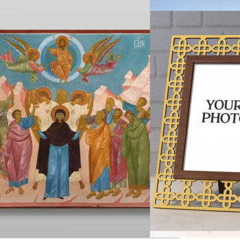 Εικόνα Ορθοδοξίας Πολυτελείας  με  σχεδιο Σταυρούς μαζι με  Βάση σε  8 χρώματα με περίγραμμα χρυσό σε ξύλο Plywood (Πλακάζ)   με  βάση Η Ανάληψη του Κυρίου μας Ιησού Χριστού, Χειροποίητη Ελληνορθόδοξη , Κρεμαστή πλάκα βυζαντινής τέχνης, χριστιανική τέχνη Διάσταση 50x40 cm (19,7 x 15,8 ίντσες) INTRAEK3kadro3211-654321124 - Image 1