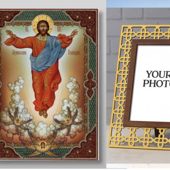 Εικόνα Ορθοδοξίας Πολυτελείας  με  σχεδιο Σταυρούς μαζι με  Βάση σε  8 χρώματα με περίγραμμα χρυσό σε ξύλο Plywood (Πλακάζ)   με  βάση Η Ανάληψη του Κυρίου μας Ιησού Χριστού, Χειροποίητη Ελληνορθόδοξη , Κρεμαστή πλάκα βυζαντινής τέχνης, χριστιανική τέχνη Διάσταση 50x40 cm (19,7 x 15,8 ίντσες) INTRAEK3kadro3211-65432827 - Image 1