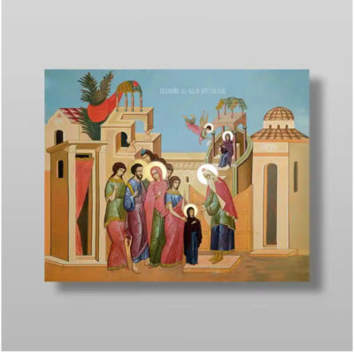 Εικόνα Ορθοδοξίας με περίγραμμα χρυσό σε ξύλο Φλαμουρίας με βάση Εισαγωγή της Θεοτόκου στο Ναό, Χειροποίητη Ελληνορθόδοξη , Κρεμαστή πλάκα βυζαντινής τέχνης, χριστιανική τέχνη Διάσταση 10x7 cm (3,9 x 2,8 ίντσες) INTRAEK-71100 - Image 1