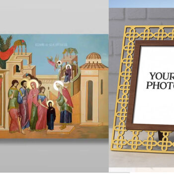 Εικόνα Ορθοδοξίας Πολυτελείας  με  σχεδιο Σταυρούς μαζι με  Βάση σε  8 χρώματα με περίγραμμα χρυσό σε ξύλο Plywood (Πλακάζ)   με  βάση Εισαγωγή της Θεοτόκου στο Ναό, Χειροποίητη Ελληνορθόδοξη , Κρεμαστή πλάκα βυζαντινής τέχνης, χριστιανική τέχνη Διάσταση 50x40 cm (19,7 x 15,8 ίντσες) INTRAEK3kadro3211-654321100 - Image 1