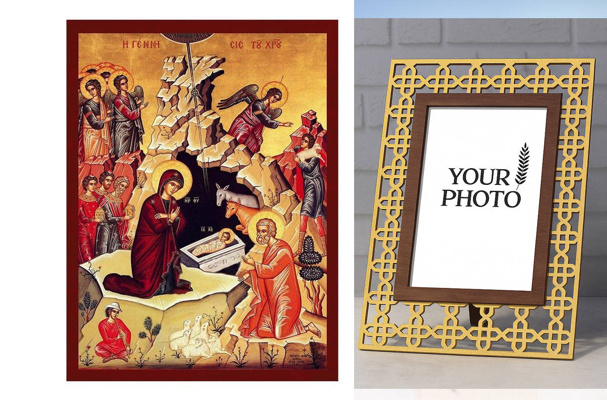 Εικόνα Ορθοδοξίας Πολυτελείας με σχεδιο Σταυρούς μαζι με Βάση σε 8 χρώματα με περίγραμμα χρυσό σε ξύλο Plywood (Πλακάζ) με βάση Η εικόνα της γέννησης του Ιησού, χειροποίητη ελληνορθόδοξη εικόνα του Ιησού Χριστού, επιτοίχια βυζαντινή τέχνη, θρησκευτική διακόσμηση Διάσταση 10x7 cm (3,9 x 2,8 ίντσες) INTRAEK3kadro3211-816724221