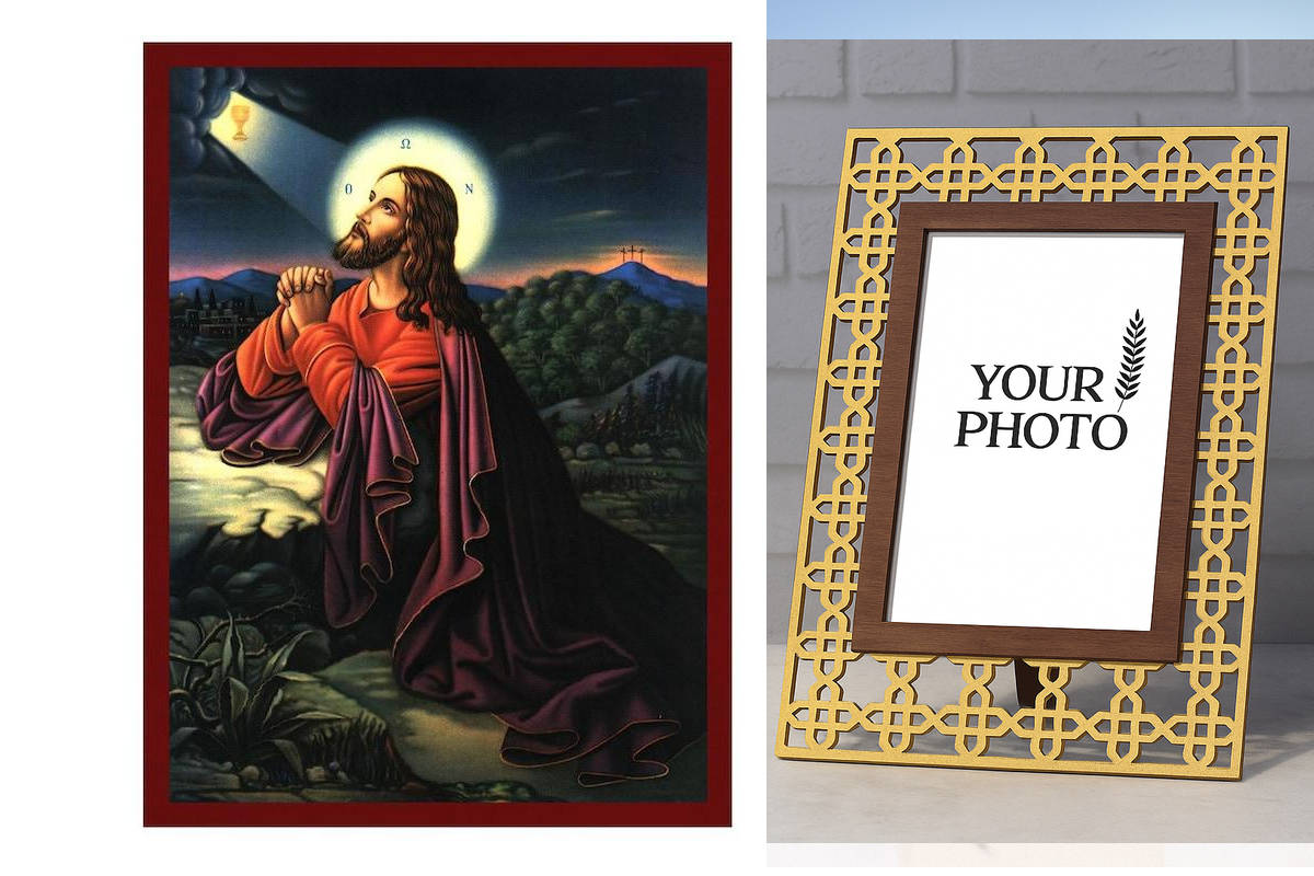 Εικόνα Ορθοδοξίας Πολυτελείας με σχεδιο Σταυρούς μαζι με Βάση σε 8 χρώματα με περίγραμμα χρυσό σε ξύλο Plywood (Πλακάζ) με βάση Ο Ιησούς Χριστός Προσεύχεται στη Γεθσημανή, Χειροποίητη Ελληνορθόδοξη εικόνα του Ιησού Χριστού, Κρεμαστή πλάκα βυζαντινής τέχνης, χριστιανική τέχνη Διάσταση 26x20 cm (10,2 x 7,9 ίντσες) INTRAEK3kadro3211-3216724212