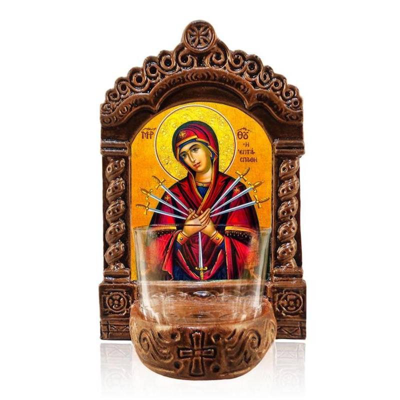Εικόνα Ορθοδοξίας με περίγραμμα χρυσό σε ξύλο Φλαμουρίας  με  βάση Παναγία των Επτά Θλίψεων Παναγία Αγρυπνία, Η Επταξίφη Παναγία Κεραμική Επιτραπέζια Εικόνα, Παναγία Επτασπάθη Αγρυπνία με Κύπελλο Διάσταση 45x35 cm (17,7 x 13,8 ίντσες) INTRAEK-543216724156