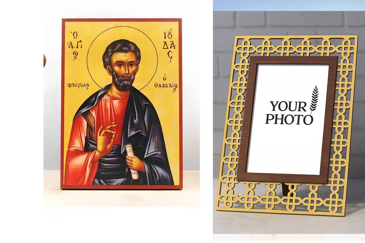 Εικόνα Ορθοδοξίας Πολυτελείας  με  σχεδιο Σταυρούς μαζι με  Βάση σε  8 χρώματα με περίγραμμα χρυσό σε ξύλο Plywood (Πλακάζ)   με  βάση Άγιος Απόστολος Ιούδας Θαδδαίος, Ξύλινη Χειροποίητη Εικόνα Ελληνικού Premium Βυζαντινού Στυλ Κρεμαστή σε ξύλινη πλάκα Θρησκευτικό θέμα Χειροποίητη Ελληνορθόδοξη εικόνα του Ιησού Χριστού, Κρεμαστή πλάκα βυζαντινής τέχνης, χριστιανική τέχνη Δίασταση 50x40 cm (19,7 x 15,8)  INTRAEK3kadro3211-11342110827