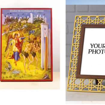 Εικόνα Ορθοδοξίας Πολυτελείας  με  σχεδιο Σταυρούς μαζι με  Βάση σε  8 χρώματα με περίγραμμα χρυσό σε ξύλο Plywood (Πλακάζ)   με  βάση Εκδίωξη του Αδάμ και της Εύας από τον Κήπο της Εδέμ, Ξύλινη Χειροποίητη Εικόνα Ελληνικού Premium Βυζαντινού Στυλ τοίχου Κρεμασμένη σε ξύλινη πλάκα Θρησκευτικό Χειροποίητη Ελληνορθόδοξη εικόνα του Ιησού Χριστού, Κρεμαστή πλάκα βυζαντινής τέχνης, χριστιανική τέχνη Διάσταση 40x30 cm (15,8 x 11,8 ίντσες)  INTRAEK3kadro3211-2110926 - Image 1