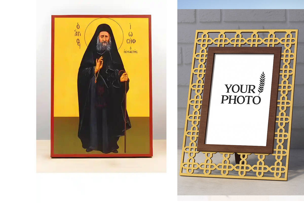 Εικόνα Ορθοδοξίας Πολυτελείας με σχεδιο Σταυρούς μαζι με Βάση σε 8 χρώματα με περίγραμμα χρυσό σε ξύλο Plywood (Πλακάζ) με βάση Άγιος Ιωσήφ ο Ησυχαστής Ολόσωμο, Ξύλινη Χειροποίητη Εικόνα Ελληνικού Βυζαντινού Στυλ Κρεμασμένο σε ξύλινη πλάκα Χειροποίητη Ελληνορθόδοξη εικόνα του Ιησού Χριστού, Κρεμαστή πλάκα βυζαντινής τέχνης, χριστιανική τέχνη Δίασταση 50x40 cm (19,7 x 15,8) INTRAEK3kadro3211-11342110980