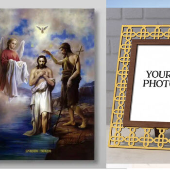 Εικόνα Ορθοδοξίας Πολυτελείας  με  σχεδιο Σταυρούς μαζι με  Βάση σε  8 χρώματα με περίγραμμα χρυσό σε ξύλο Plywood (Πλακάζ)   με  βάση Η Βάπτιση του Ιησού Χριστού στον Ιορδάνη ποταμό, Χειροποίητη Ελληνορθόδοξη , Κρεμαστή πλάκα βυζαντινής τέχνης, χριστιανική τέχνη Διάσταση 50x40 cm (19,7 x 15,8 ίντσες) INTRAEK3kadro3211-65432733 - Image 1