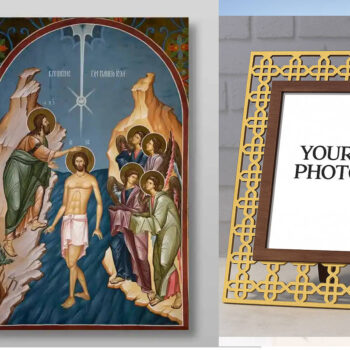 Εικόνα Ορθοδοξίας Πολυτελείας  με  σχεδιο Σταυρούς μαζι με  Βάση σε  8 χρώματα με περίγραμμα χρυσό σε ξύλο Plywood (Πλακάζ)   με  βάση Η Βάπτιση του Ιησού Χριστού στον Ιορδάνη ποταμό, Χειροποίητη Ελληνορθόδοξη , Κρεμαστή πλάκα βυζαντινής τέχνης, χριστιανική τέχνη Διάσταση 50x40 cm (19,7 x 15,8 ίντσες) INTRAEK3kadro3211-654321038 - Image 1