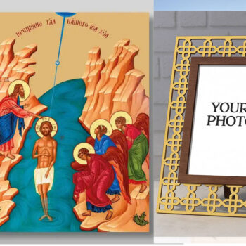 Εικόνα Ορθοδοξίας Πολυτελείας  με  σχεδιο Σταυρούς μαζι με  Βάση σε  8 χρώματα με περίγραμμα χρυσό σε ξύλο Plywood (Πλακάζ)   με  βάση Η Βάπτιση του Ιησού Χριστού στον Ιορδάνη ποταμό, Χειροποίητη Ελληνορθόδοξη , Κρεμαστή πλάκα βυζαντινής τέχνης, χριστιανική τέχνη Διάσταση 50x40 cm (19,7 x 15,8 ίντσες) INTRAEK3kadro3211-654321149 - Image 1