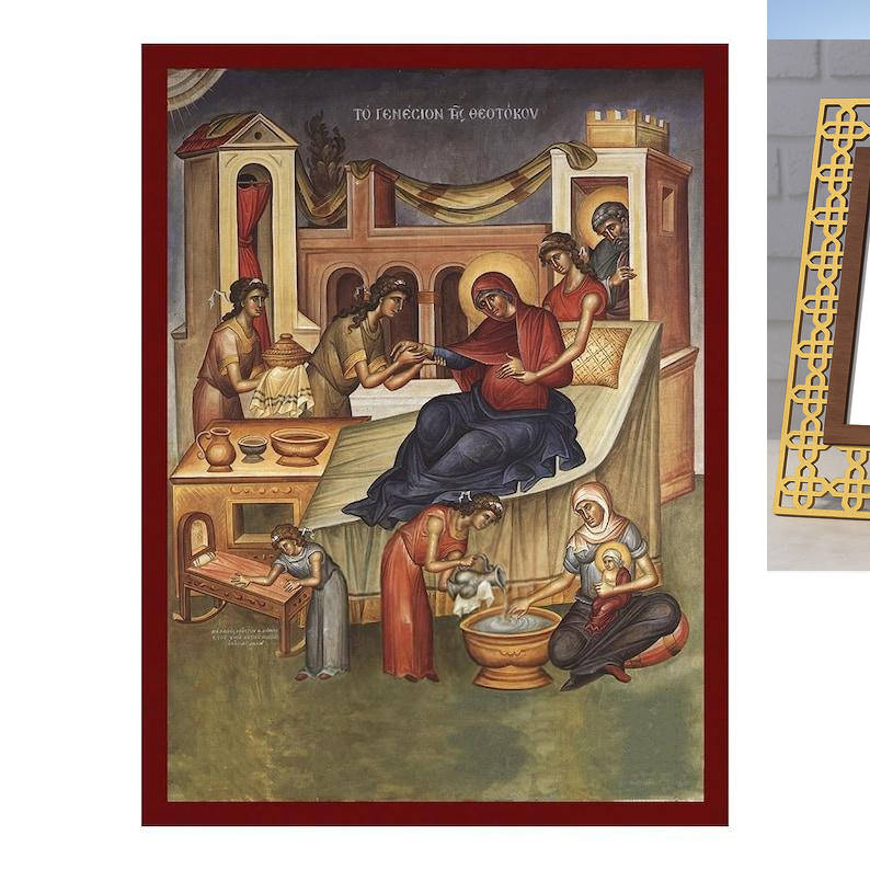 Εικόνα Ορθοδοξίας Πολυτελείας  με  σχεδιο Σταυρούς μαζι με  Βάση σε  8 χρώματα με περίγραμμα χρυσό σε ξύλο Plywood (Πλακάζ)   με  βάση Η εικόνα της Γέννησης της Θεοτόκου, Χειροποίητη Ελληνική εικόνα της Γέννησης της Θεοτόκου, επιτοίχια πλάκα βυζαντινής τέχνης, χριστιανικό δώρο Διάσταση 10x7 cm (3,9 x 2,8 ίντσες) INTRAEK3kadro3211-816724133