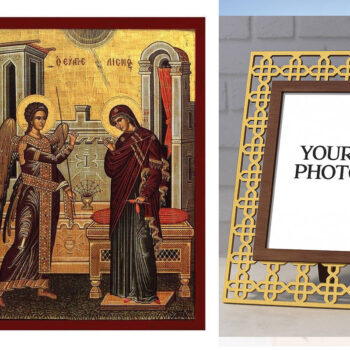 Εικόνα Ορθοδοξίας Πολυτελείας  με  σχεδιο Σταυρούς μαζι με  Βάση σε  8 χρώματα με περίγραμμα χρυσό σε ξύλο Plywood (Πλακάζ)   με  βάση Ευαγγελισμός της Θεοτόκου εικόνας, Χειροποίητη Ελληνική εικόνα Ευαγγελισμού Της Θεοτόκου, Κρεμαστή πλάκα βυζαντινής τέχνης, χριστιανικό δώρο Διάσταση 50x40 cm (19,7 x 15,8 ίντσες)  INTRAEK3kadro3211-6543216724197 - Image 1