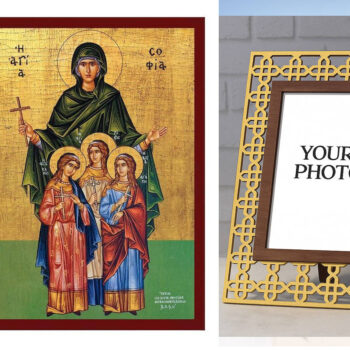 Εικόνα Ορθοδοξίας Πολυτελείας  με  σχεδιο Σταυρούς μαζι με  Βάση σε  8 χρώματα με περίγραμμα χρυσό σε ξύλο Plywood (Πλακάζ)   με  βάση Εικόνα της Σοφίας και των Τριών της Κόρες, Χειροποίητη Ελληνική εικόνα της Αγίας Σοφίας, Κρεμαστή πλάκα βυζαντινής τέχνης, χριστιανικό δώρο Διάσταση 50x40 cm (19,7 x 15,8 ίντσες)  INTRAEK3kadro3211-6543216724213 - Image 1