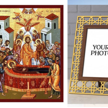 Εικόνα Ορθοδοξίας Πολυτελείας  με  σχεδιο Σταυρούς μαζι με  Βάση σε  8 χρώματα με περίγραμμα χρυσό σε ξύλο Plywood (Πλακάζ)   με  βάση Εικόνα της Κοίμησης της Θεοτόκου, Χειροποίητη Βυζαντινή εικόνα της Κοίμησης της Θεοτόκου, Κρεμαστή πλάκα θρησκευτικής τέχνης, Χριστιανικό δώρο Διάσταση 40x30 cm (15,8 x 11,8 ίντσες)INTRAEK3kadro3211-43216724192 - Image 1