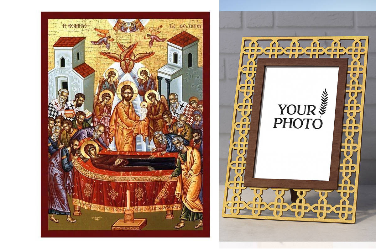 Εικόνα Ορθοδοξίας Πολυτελείας με σχεδιο Σταυρούς μαζι με Βάση σε 8 χρώματα με περίγραμμα χρυσό σε ξύλο Plywood (Πλακάζ) με βάση Εικόνα της Κοίμησης της Θεοτόκου, Χειροποίητη Βυζαντινή εικόνα της Κοίμησης της Θεοτόκου, Κρεμαστή πλάκα θρησκευτικής τέχνης, Χριστιανικό δώρο Διάσταση 40x30 cm (15,8 x 11,8 ίντσες)INTRAEK3kadro3211-43216724192