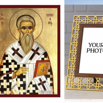 Εικόνα Ορθοδοξίας Πολυτελείας  με  σχεδιο Σταυρούς μαζι με  Βάση σε  8 χρώματα με περίγραμμα χρυσό σε ξύλο Plywood (Πλακάζ)   με  βάση Εικόνα του Αγίου Κυπριακού, Χειροποίητη Βυζαντινή εικόνα του Αγίου Κυπριανού, Κρεμαστή πλάκα θρησκευτικής τέχνης, Χριστιανικό δώρο Διάσταση 50x40 cm (19,7 x 15,8 ίντσες)  INTRAEK3kadro3211-6543216723861 - Image 1