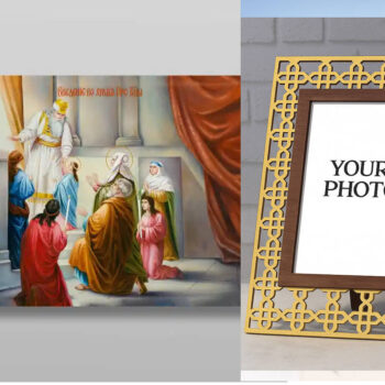 Εικόνα Ορθοδοξίας Πολυτελείας  με  σχεδιο Σταυρούς μαζι με  Βάση σε  8 χρώματα με περίγραμμα χρυσό σε ξύλο Plywood (Πλακάζ)   με  βάση Εισαγωγή της Θεοτόκου στο Ναό, Χειροποίητη Ελληνορθόδοξη , Κρεμαστή πλάκα βυζαντινής τέχνης, χριστιανική τέχνη Διάσταση 50x40 cm (19,7 x 15,8 ίντσες) INTRAEK3kadro3211-654321096 - Image 1