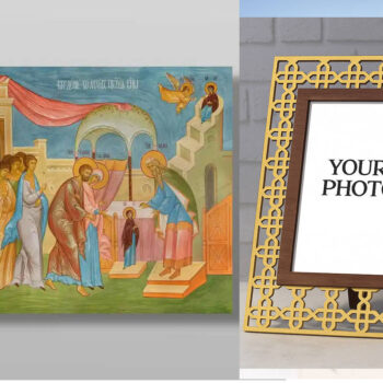 Εικόνα Ορθοδοξίας Πολυτελείας  με  σχεδιο Σταυρούς μαζι με  Βάση σε  8 χρώματα με περίγραμμα χρυσό σε ξύλο Plywood (Πλακάζ)   με  βάση Εισαγωγή της Θεοτόκου στο Ναό, Χειροποίητη Ελληνορθόδοξη , Κρεμαστή πλάκα βυζαντινής τέχνης, χριστιανική τέχνη Διάσταση 50x40 cm (19,7 x 15,8 ίντσες) INTRAEK3kadro3211-654321092 - Image 1