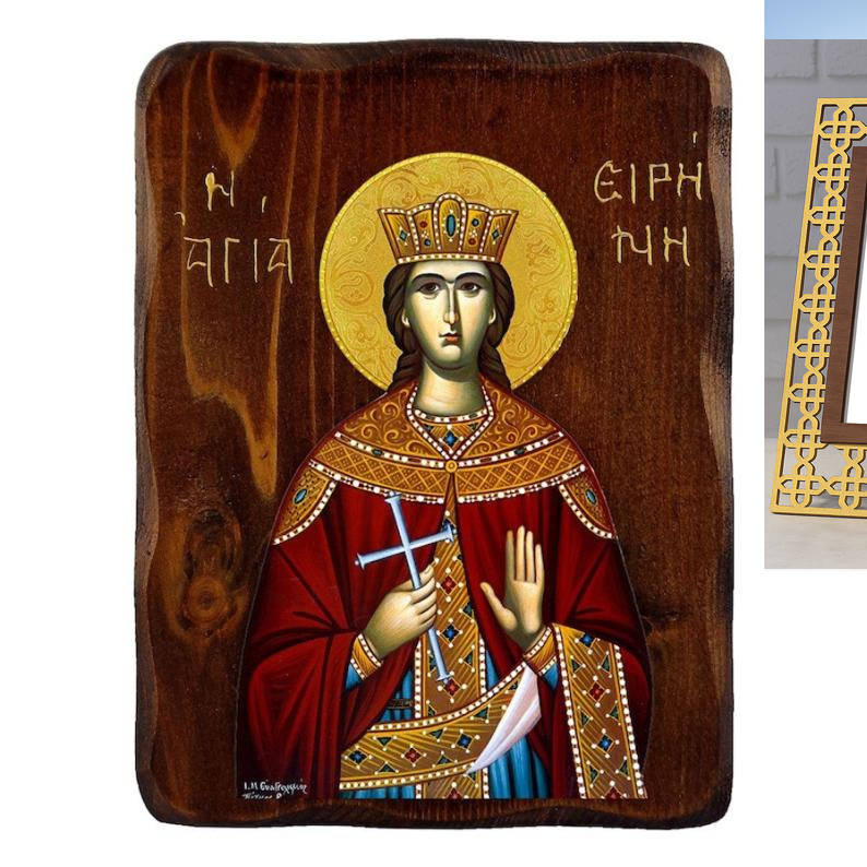 Εικόνα Ορθοδοξίας Πολυτελείας  με  σχεδιο Σταυρούς μαζι με  Βάση σε  8 χρώματα με περίγραμμα χρυσό σε ξύλο Plywood (Πλακάζ)   με  βάση Εικόνα Αγίας Ειρήνης, Χειροποίητη Ελληνορθόδοξη εικόνα Αγίας Ειρήνης, επιτοίχια πλάκα βυζαντινής τέχνης, θρησκευτικό δώρο, χριστιανική διακόσμηση Διάσταση 26x20 cm (10,2 x 7,9 ίντσες) INTRAEK3kadro3211-3216723978