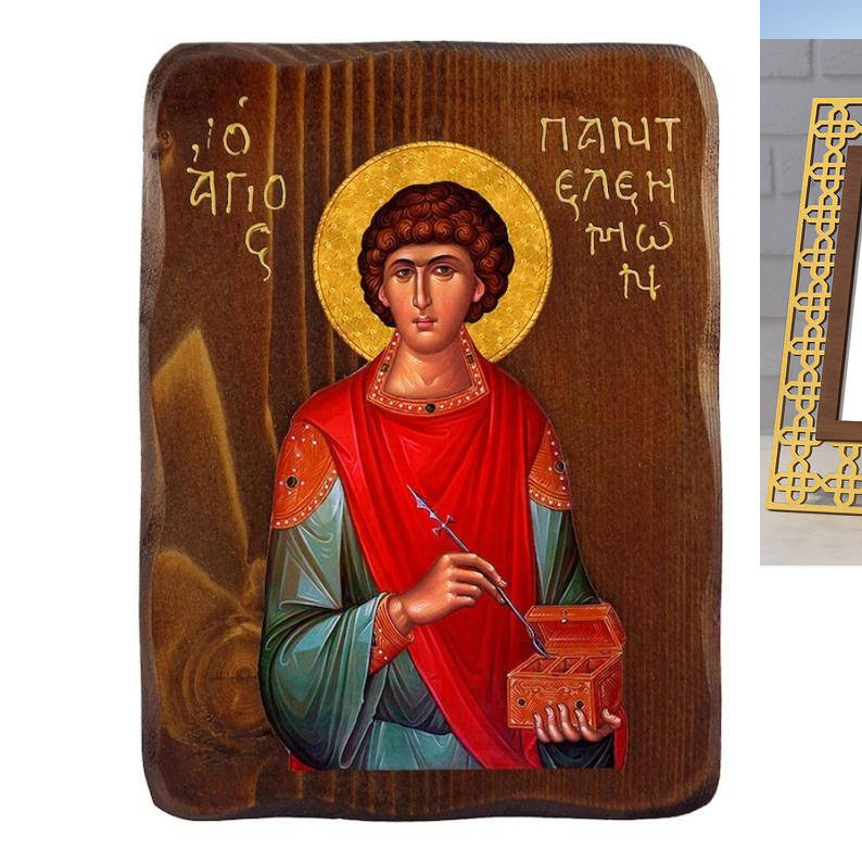 Εικόνα Ορθοδοξίας Πολυτελείας  με  σχεδιο Σταυρούς μαζι με  Βάση σε  8 χρώματα με περίγραμμα χρυσό σε ξύλο Plywood (Πλακάζ)   με  βάση Εικόνα Αγίου Παντελεήμονα, Χειροποίητη ελληνορθόδοξη εικόνα του Αγίου Παντελεήμονα, επιτοίχια πλάκα βυζαντινής τέχνης, θρησκευτικό δώρο, χριστιανική διακόσμηση Διάσταση 26x20 cm (10,2 x 7,9 ίντσες) INTRAEK3kadro3211-3216723976