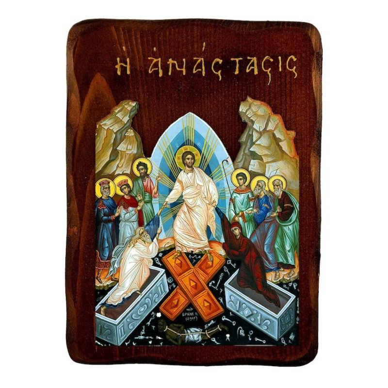 Εικόνα Ορθοδοξίας με περίγραμμα χρυσό σε ξύλο Φλαμουρίας  με  βάση Εικόνα της Ανάστασης του Χριστού, Χειροποίητη ελληνική εικόνα της Ανάστασης, επιτοίχια πλάκα βυζαντινής τέχνης, θρησκευτικό δώρο, χριστιανική διακόσμηση Διάσταση 50x40 cm (19,7 x 15,8 ίντσες)  INTRAEK-6543216723973