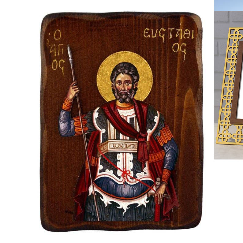 Εικόνα Ορθοδοξίας Πολυτελείας  με  σχεδιο Σταυρούς μαζι με  Βάση σε  8 χρώματα με περίγραμμα χρυσό σε ξύλο Plywood (Πλακάζ)   με  βάση Εικόνα του Αγίου Ευστασίου, Χειροποίητη Ελληνορθόδοξη εικόνα του Αγίου Ευστασίου, επιτοίχια πλάκα βυζαντινής τέχνης, θρησκευτικό δώρο, χριστιανική διακόσμηση Διάσταση 26x20 cm (10,2 x 7,9 ίντσες) INTRAEK3kadro3211-3216723956