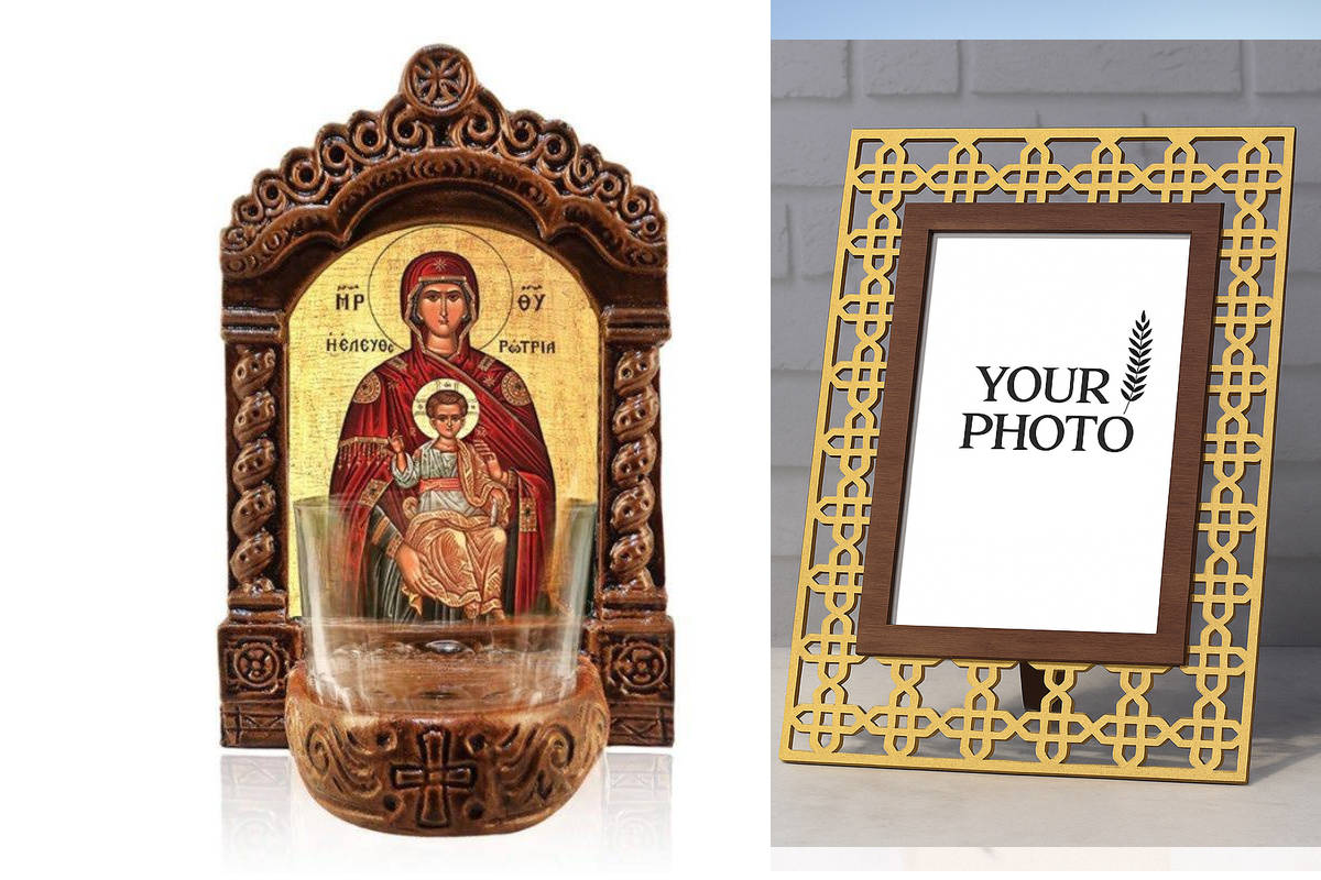 Εικόνα Ορθοδοξίας Πολυτελείας  με  σχεδιο Σταυρούς μαζι με  Βάση σε  8 χρώματα με περίγραμμα χρυσό σε ξύλο Plywood (Πλακάζ)   με  βάση Παναγία της Ελευθερώτριας Λυχνία, Παναγία η λυτρωτής Κεραμική επιτραπέζια εικόνα, Παναγία Ελευθερώτρια Αγρυπνία με κύπελλο Διάσταση 40x30 cm (15,8 x 11,8 ίντσες)INTRAEK3kadro3211-43216723922