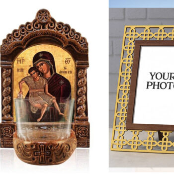 Εικόνα Ορθοδοξίας Πολυτελείας  με  σχεδιο Σταυρούς μαζι με  Βάση σε  8 χρώματα με περίγραμμα χρυσό σε ξύλο Plywood (Πλακάζ)   με  βάση Φωτιστικό Αγρυπνίας Θεοτόκου Άξιον Εστί, Παναγία Θεοτόκος Άξιον Εστί Εικονίδιο Επιτραπέζιο, Χειροποίητο Κεραμικό Φωτιστικό Αγρυπνίας με Γυάλινο Κύπελλο Διάσταση 15x11 cm (5,9 x 4,3 ίντσες) INTRAEK3kadro3211-16723913 - Image 1