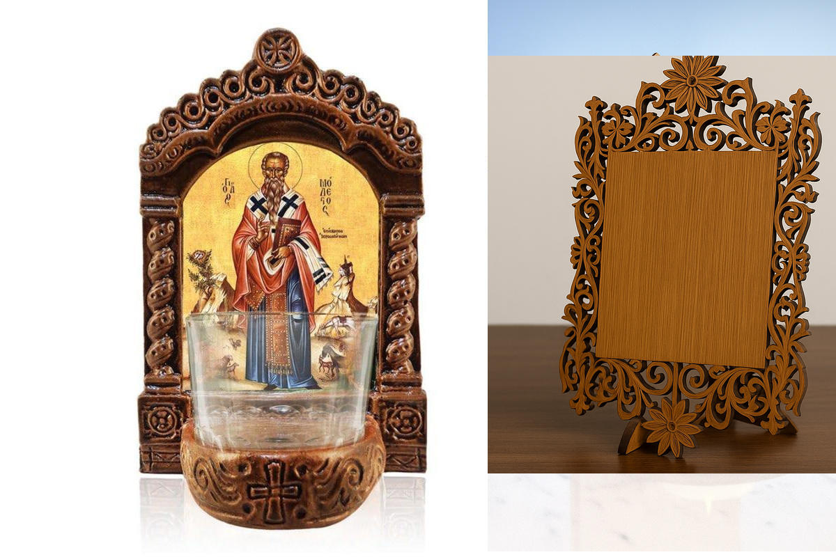 Εικόνα Ορθοδοξίας Δαντέλα μαζι με  Βάση σε  8 χρώματα με περίγραμμα χρυσό σε ξύλο Plywood (Πλακάζ)   με  βάση Φωτιστικό Αγρυπνίας Αγίου Μοδέστου, Επιτραπέζια εικόνα του Αγίου Μόδεστου, Ελληνικής κατασκευής Επιτραπέζιο Φωτιστικό, Χειροποίητο Κεραμικό Φωτιστικό με Γυάλινο Κύπελλο Διάσταση 26x20 cm (10,2 x 7,9 ίντσες) INTRAEKkadro3211-3216723879