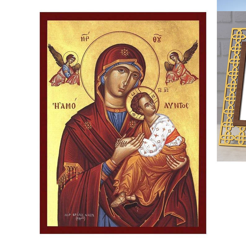 Εικόνα Ορθοδοξίας Πολυτελείας  με  σχεδιο Σταυρούς μαζι με  Βάση σε  8 χρώματα με περίγραμμα χρυσό σε ξύλο Plywood (Πλακάζ)   με  βάση Εικόνα της Άμωμης Παναγίας, Χειροποίητη Ελληνική εικόνα της Αμόλυντης Παναγίας, επιτοίχια πλάκα βυζαντινής τέχνης, χριστιανικό δώρο Διάσταση 40x30 cm (15,8 x 11,8 ίντσες)INTRAEK3kadro3211-43216723724