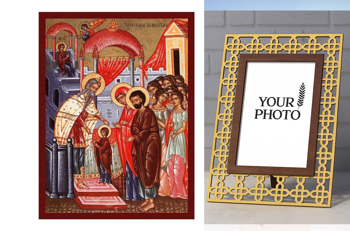 Εικόνα Ορθοδοξίας Πολυτελείας  με  σχεδιο Σταυρούς μαζι με  Βάση σε  8 χρώματα με περίγραμμα χρυσό σε ξύλο Plywood (Πλακάζ)   με  βάση Παναγία Τα Εισόδια της Εικόνας της Θεοτόκου, Χειροποίητη Ελληνική εικόνα Εισοδίων της Θεοτόκου, Κρεμαστή πλάκα βυζαντινής τέχνης, Χριστιανικό δώρο Διάσταση 40x30 cm (15,8 x 11,8 ίντσες)INTRAEK3kadro3211-43216724131