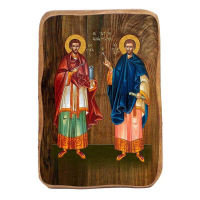 Εικόνα Ορθοδοξίας με περίγραμμα χρυσό σε ξύλο Φλαμουρίας  με  βάση The Holy Unmercenaries Μπομπονιέρα Βάπτισης Σετ 20 τεμαχίων, Εικόνα Βάπτισης, Bomboniera Χειροποίητη Βυζαντινή εικόνα 9x6cm, Χριστιανικό Δώρο Διάσταση 45x35 cm (17,7 x 13,8 ίντσες) INTRAEK-543216724115 - Image 1