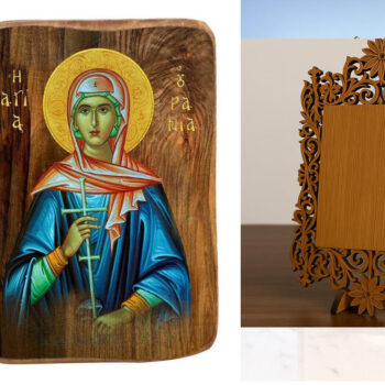 Εικόνα Ορθοδοξίας Δαντέλα μαζι με  Βάση σε  8 χρώματα με περίγραμμα χρυσό σε ξύλο Plywood (Πλακάζ)   με  βάση Μπομπονιέρα Βάπτισης Αγίας Ουρανίας Σετ 20 τεμαχίων, Εικόνα Βάπτισης, Χειροποίητη Βυζαντινή εικόνα Bomboniera 9x6cm, Χριστιανικό Δώρο Διάσταση 26x20 cm (10,2 x 7,9 ίντσες) INTRAEKkadro3211-3216724045 - Image 1