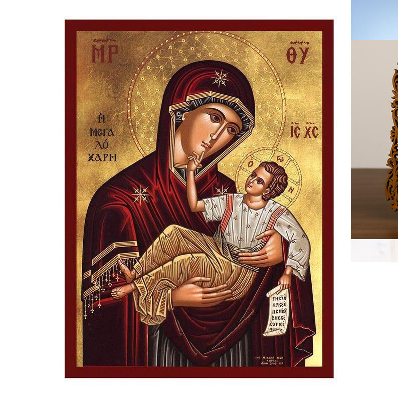 Εικόνα Ορθοδοξίας Δαντέλα μαζι με  Βάση σε  8 χρώματα με περίγραμμα χρυσό σε ξύλο Plywood (Πλακάζ)   με  βάση Εικόνα της Παναγίας της Μεγάλης Χάριτος, Χειροποίητη Βυζαντινή εικόνα της Παναγίας της Μεγαλόχαρης, Κρεμαστή πλάκα θρησκευτικής τέχνης, Χριστιανικό δώρο Διάσταση 10x7 cm (3,9 x 2,8 ίντσες) INTRAEKkadro3211-816724007