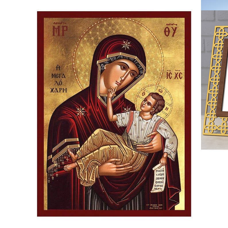 Εικόνα Ορθοδοξίας Πολυτελείας  με  σχεδιο Σταυρούς μαζι με  Βάση σε  8 χρώματα με περίγραμμα χρυσό σε ξύλο Plywood (Πλακάζ)   με  βάση Εικόνα της Παναγίας της Μεγάλης Χάριτος, Χειροποίητη Βυζαντινή εικόνα της Παναγίας της Μεγαλόχαρης, Κρεμαστή πλάκα θρησκευτικής τέχνης, Χριστιανικό δώρο Διάσταση 10x7 cm (3,9 x 2,8 ίντσες) INTRAEK3kadro3211-816724007