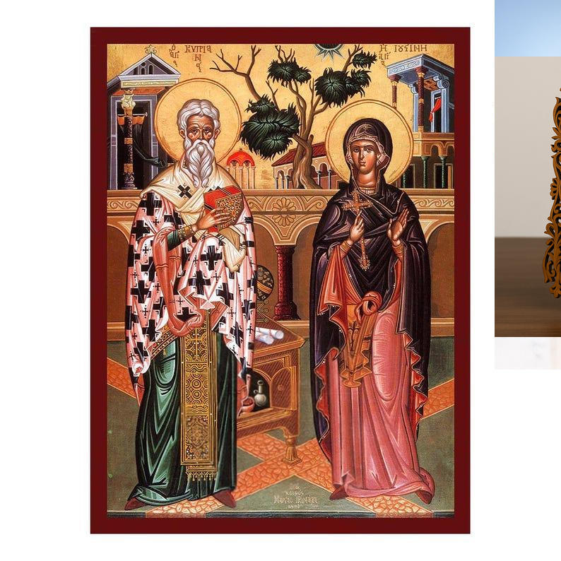 Εικόνα Ορθοδοξίας Δαντέλα μαζι με  Βάση σε  8 χρώματα με περίγραμμα χρυσό σε ξύλο Plywood (Πλακάζ)   με  βάση Εικόνα Αγίων Κυπριανού και Ιουστίνας, Χειροποίητη Βυζαντινή εικόνα Κυπριανού και Ιουστίνας, Κρεμαστή πλάκα θρησκευτικής τέχνης, Χριστιανικό δώρο Διάσταση 45x35 cm (17,7 x 13,8 ίντσες) INTRAEKkadro3211-543216724005