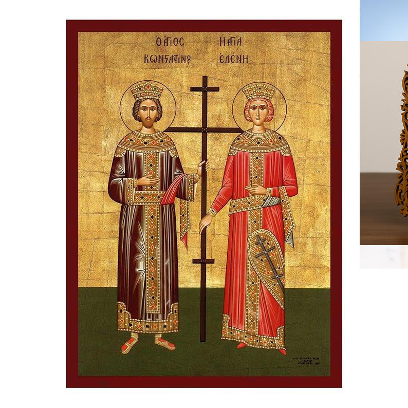 Εικόνα Ορθοδοξίας Δαντέλα μαζι με  Βάση σε  8 χρώματα με περίγραμμα χρυσό σε ξύλο Plywood (Πλακάζ)   με  βάση Εικόνα Αγίων Κωνσταντίνου και Ελένης, Χειροποίητη εικόνα Αγίου Κωνσταντίνου και Ελένης, Κρεμαστή πλάκα θρησκευτικής τέχνης, Χριστιανικό δώρο Διάσταση 26x20 cm (10,2 x 7,9 ίντσες) INTRAEKkadro3211-3216723686