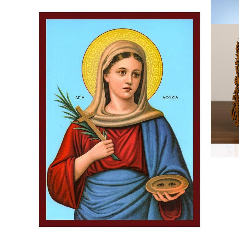 Εικόνα Ορθοδοξίας Δαντέλα μαζι με  Βάση σε  8 χρώματα με περίγραμμα χρυσό σε ξύλο Plywood (Πλακάζ)   με  βάση Εικόνα Αγίας Λουκίας, Χειροποίητη Βυζαντινή εικόνα της Αγίας Λουκίας, Κρεμαστή πλάκα θρησκευτικής τέχνης, Χριστιανικό δώρο Διάσταση 50x40 cm (19,7 x 15,8 ίντσες)  INTRAEKkadro3211-6543216723715