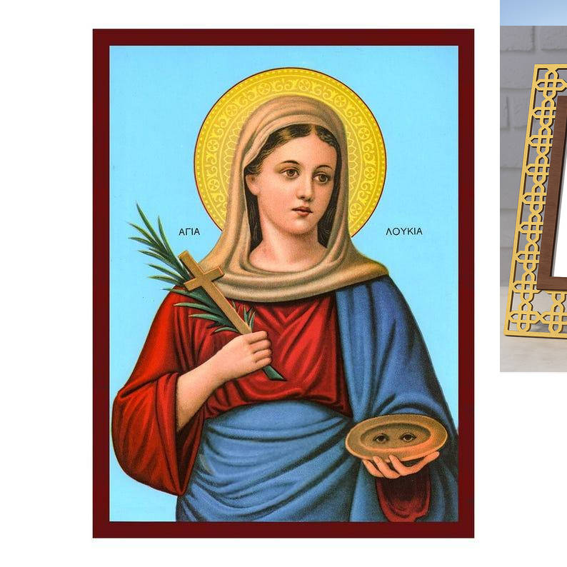Εικόνα Ορθοδοξίας Πολυτελείας  με  σχεδιο Σταυρούς μαζι με  Βάση σε  8 χρώματα με περίγραμμα χρυσό σε ξύλο Plywood (Πλακάζ)   με  βάση Εικόνα Αγίας Λουκίας, Χειροποίητη Βυζαντινή εικόνα της Αγίας Λουκίας, Κρεμαστή πλάκα θρησκευτικής τέχνης, Χριστιανικό δώρο Διάσταση 26x20 cm (10,2 x 7,9 ίντσες) INTRAEK3kadro3211-3216723715