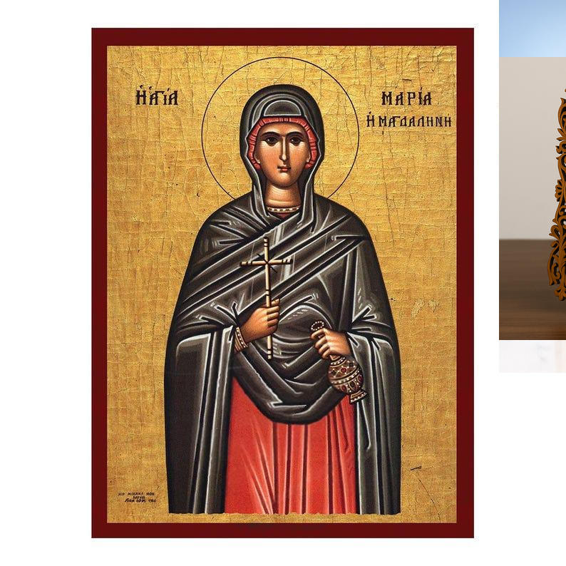 Εικόνα Ορθοδοξίας Δαντέλα μαζι με  Βάση σε  8 χρώματα με περίγραμμα χρυσό σε ξύλο Plywood (Πλακάζ)   με  βάση Εικόνα Αγίας Μαρίας Μαγδαληνής, Χειροποίητη βυζαντινή εικόνα της Αγίας Μαρίας Μαγδαληνής, Κρεμαστή πλάκα θρησκευτικής τέχνης, χριστιανικό δώρο Διάσταση 10x7 cm (3,9 x 2,8 ίντσες) INTRAEKkadro3211-816724186