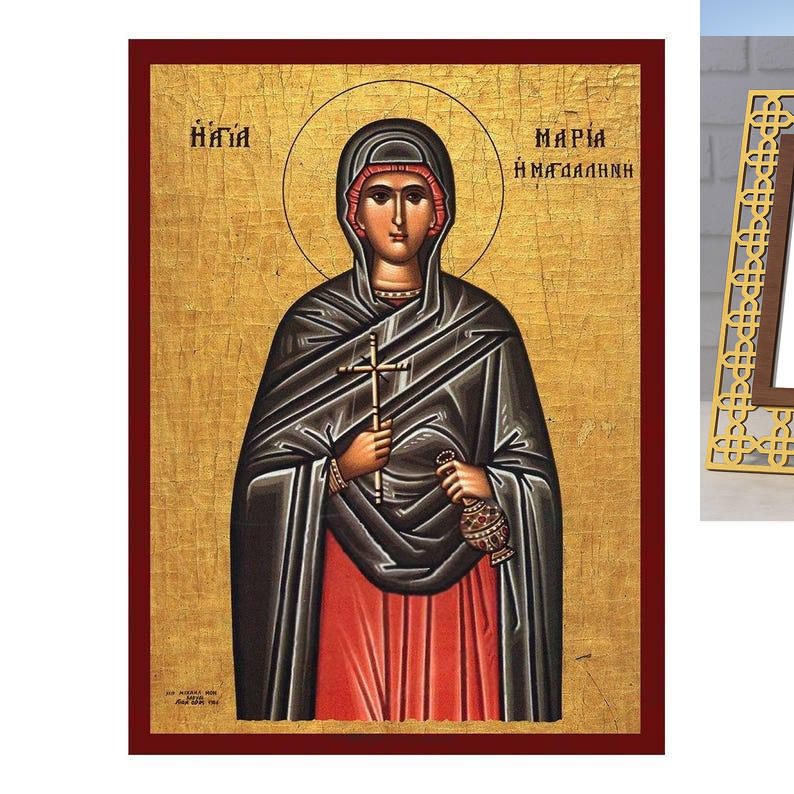 Εικόνα Ορθοδοξίας Πολυτελείας  με  σχεδιο Σταυρούς μαζι με  Βάση σε  8 χρώματα με περίγραμμα χρυσό σε ξύλο Plywood (Πλακάζ)   με  βάση Εικόνα Αγίας Μαρίας Μαγδαληνής, Χειροποίητη βυζαντινή εικόνα της Αγίας Μαρίας Μαγδαληνής, Κρεμαστή πλάκα θρησκευτικής τέχνης, χριστιανικό δώρο Διάσταση 10x7 cm (3,9 x 2,8 ίντσες) INTRAEK3kadro3211-816724186