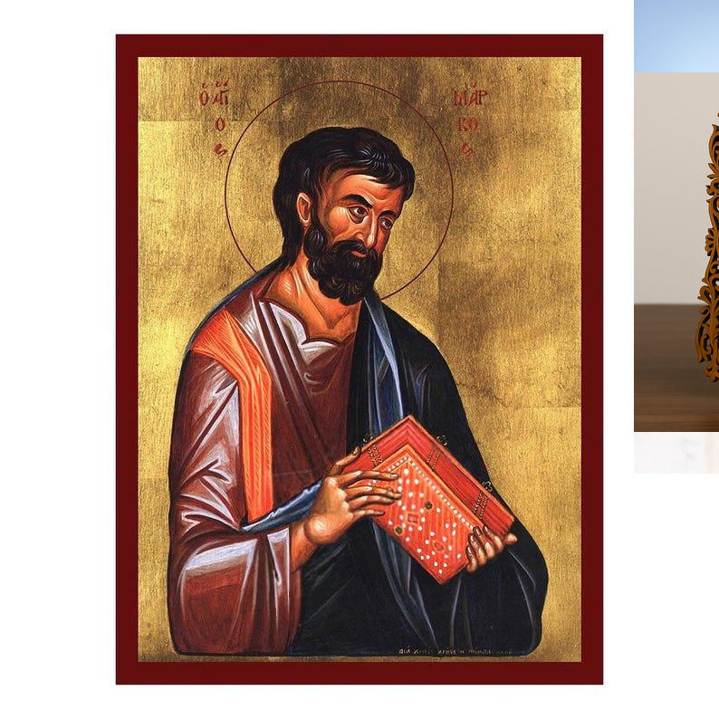 Εικόνα Ορθοδοξίας Δαντέλα μαζι με  Βάση σε  8 χρώματα με περίγραμμα χρυσό σε ξύλο Plywood (Πλακάζ)   με  βάση Εικόνα Αγίου Μάρκου του Ευαγγελιστή, Χειροποίητη Βυζαντινή εικόνα του Αγίου Μάρκου, Κρεμαστή πλάκα θρησκευτικής τέχνης, χριστιανικό δώρο Διάσταση 50x40 cm (19,7 x 15,8 ίντσες)  INTRAEKkadro3211-6543216723708