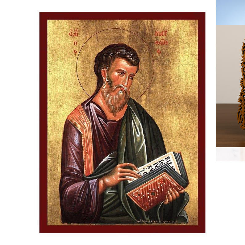 Εικόνα Ορθοδοξίας Δαντέλα μαζι με  Βάση σε  8 χρώματα με περίγραμμα χρυσό σε ξύλο Plywood (Πλακάζ)   με  βάση Εικόνα Αγίου Ματθαίου του Αποστόλου, Χειροποίητη Βυζαντινή εικόνα του Αποστόλου Ματθαίου, Κρεμαστή πλάκα θρησκευτικής τέχνης, χριστιανικό δώρο Διάσταση 50x40 cm (19,7 x 15,8 ίντσες)  INTRAEKkadro3211-6543216723729