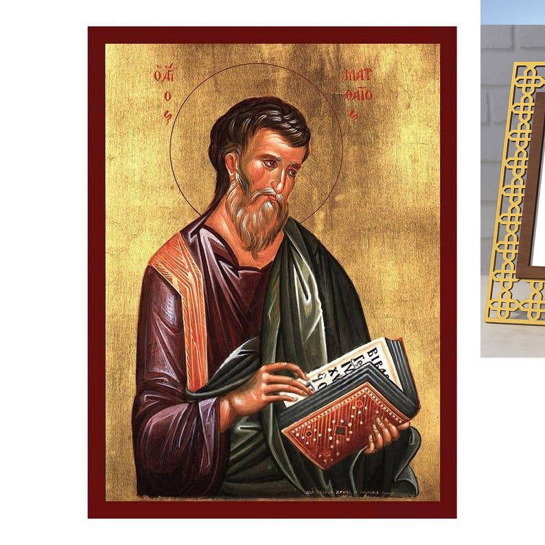Εικόνα Ορθοδοξίας Πολυτελείας  με  σχεδιο Σταυρούς μαζι με  Βάση σε  8 χρώματα με περίγραμμα χρυσό σε ξύλο Plywood (Πλακάζ)   με  βάση Εικόνα Αγίου Ματθαίου του Αποστόλου, Χειροποίητη Βυζαντινή εικόνα του Αποστόλου Ματθαίου, Κρεμαστή πλάκα θρησκευτικής τέχνης, χριστιανικό δώρο Διάσταση 10x7 cm (3,9 x 2,8 ίντσες) INTRAEK3kadro3211-816723729