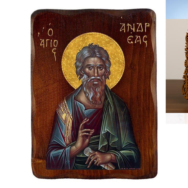 Εικόνα Ορθοδοξίας Δαντέλα μαζι με  Βάση σε  8 χρώματα με περίγραμμα χρυσό σε ξύλο Plywood (Πλακάζ)   με  βάση Εικόνα Αγίου Ανδρέα, Χειροποίητη ελληνορθόδοξη εικόνα του Αγίου Ανδρέα, επιτοίχια πλάκα βυζαντινής τέχνης, θρησκευτικό δώρο, χριστιανική διακόσμηση Διάσταση 21x15 cm (8,3 x 5,9 ίντσες) INTRAEKkadro3211-216723994