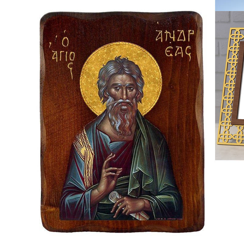 Εικόνα Ορθοδοξίας Πολυτελείας  με  σχεδιο Σταυρούς μαζι με  Βάση σε  8 χρώματα με περίγραμμα χρυσό σε ξύλο Plywood (Πλακάζ)   με  βάση Εικόνα Αγίου Ανδρέα, Χειροποίητη ελληνορθόδοξη εικόνα του Αγίου Ανδρέα, επιτοίχια πλάκα βυζαντινής τέχνης, θρησκευτικό δώρο, χριστιανική διακόσμηση Διάσταση 45x35 cm (17,7 x 13,8 ίντσες) INTRAEK3kadro3211-543216723994