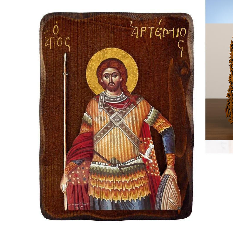 Εικόνα Ορθοδοξίας Δαντέλα μαζι με  Βάση σε  8 χρώματα με περίγραμμα χρυσό σε ξύλο Plywood (Πλακάζ)   με  βάση Εικόνα Αγίου Αρτεμίου, Χειροποίητη Ελληνορθόδοξη εικόνα του Αγίου Αρτεμίου, επιτοίχια βυζαντινή τέχνη, θρησκευτικό δώρο, χριστιανική διακόσμηση Διάσταση 21x15 cm (8,3 x 5,9 ίντσες) INTRAEKkadro3211-216723993