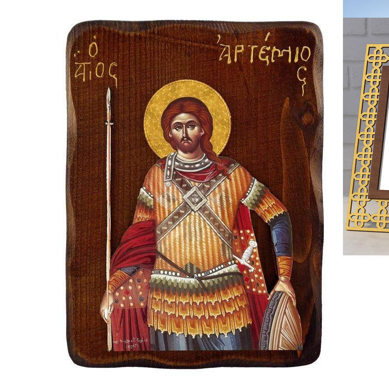 Εικόνα Ορθοδοξίας Πολυτελείας  με  σχεδιο Σταυρούς μαζι με  Βάση σε  8 χρώματα με περίγραμμα χρυσό σε ξύλο Plywood (Πλακάζ)   με  βάση Εικόνα Αγίου Αρτεμίου, Χειροποίητη Ελληνορθόδοξη εικόνα του Αγίου Αρτεμίου, επιτοίχια βυζαντινή τέχνη, θρησκευτικό δώρο, χριστιανική διακόσμηση Διάσταση 40x30 cm (15,8 x 11,8 ίντσες)INTRAEK3kadro3211-43216723993